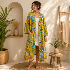 Handmade Yellow Cotton Kimono Robe for Women | Boho Floral Paisley Long Cardigan | Lightweight Beach Cover Up | Summer Resort Wear