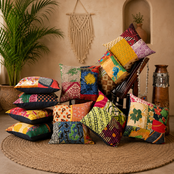 Handmade Patchwork Cushion Cover, Cotton Kantha Pillow Cover, Boho Throw Pillow Cover, Decorative Sofa Cushion Cover, Vintage Patchwork Pillow Cover