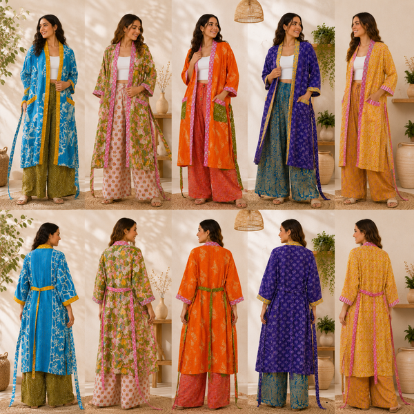 Handmade Vintage Kantha Kimono Robe 1 Pcs, Recycled Cotton Sari Patchwork Jacket, Boho Long Bathrobe with Pockets & Belt, S–2XL