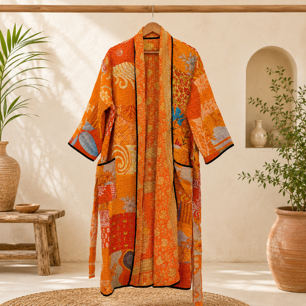Indian Handmade Vintage Kantha Kimono Robe, Orange Patchwork One Size Robe