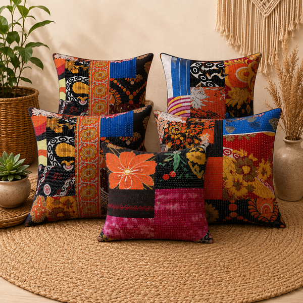 Vintage Kantha Pillow Covers 18x18 inches, Handmade Patchwork Cushion Cover, Indian Sari Pillow Case, Boho Throw Pillow, Colorful Home Decor