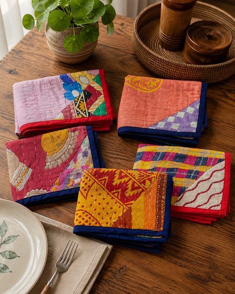 Colorful Kantha Placemats Set of 4 | Reversible Cotton Table Mats | Bohemian Kitchen Decor