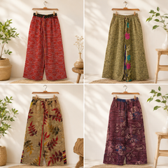 Handmade Kantha Cotton Wide Leg Pants 1 Pcs, 2 Layer Vintage Sari Palazzo Trousers, Boho Patchwork Lounge Pants, Adjustable Waist