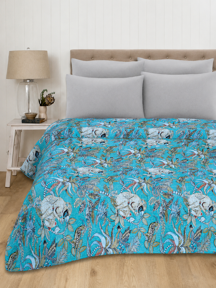 Beautiful Turquoise color Monkey print kantha Quilt Throw
