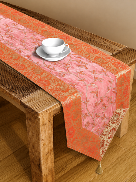Luxury Brocade Table Runner Orange Floral Silk Runner