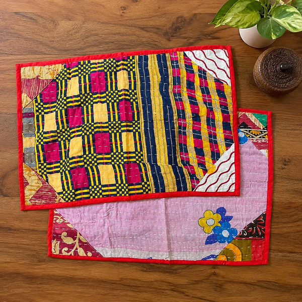Indian Kantha Cotton Quilted Floral Table Mats Set 2 Pcs