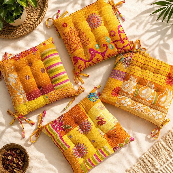 Vintage Kantha handmade Yellow Patchwork chair pad Cushion Pad 15x15 Inch 1 Pcs