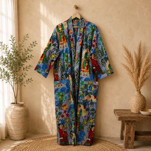 Handmade Cotton Kimono Robe for Women | Boho Floral Blue Kimono | Lightweight Cotton Lounge Robe | Beach Cover Up | Free Size