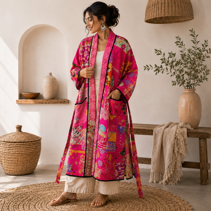 Indian Handmade Vintage Kantha Quilt Pink Patchwork Kimono Robe One Size Robe