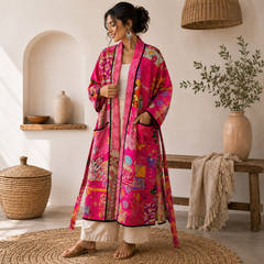 Indian Handmade Vintage Kantha Quilt Pink Patchwork Kimono Robe One Size Robe