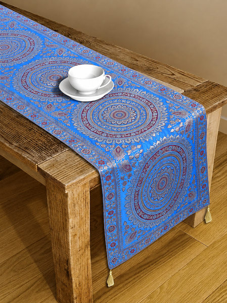 Blue Mandala Print Indian Kantha Silk Table Runner