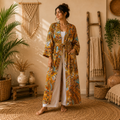Women's Cotton Mustard Paisley Print Long Kimono Robe | Boho Open Front Lightweight Duster Cardigan with Belt