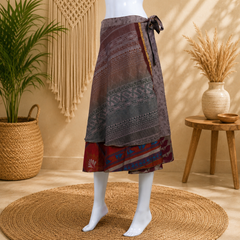 Vintage Boho Wrap Skirt for Women | Handmade Upcycled Sari Midi Skirt | Adjustable Tie Waist | Tribal Print Festival Skirt | Sustainable Beach Wear