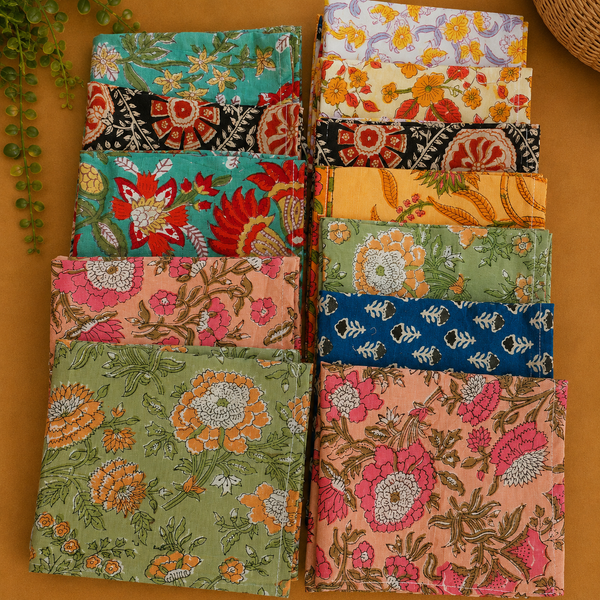 Hand Block Printed Cotton Napkins – Indian Floral Cloth Dinner Napkins 20 Pcs, Reusable Boho Table Napkins, Mixed Assorted Set