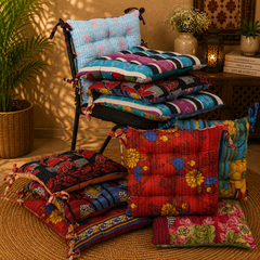 Handmade Kantha Chair Cushion, Cotton Seat Cushion, Quilted Chair Pad, Boho Floor Cushion, Tie-On Chair Cushion, Floral Cotton Cushion, Dining Chair Pad