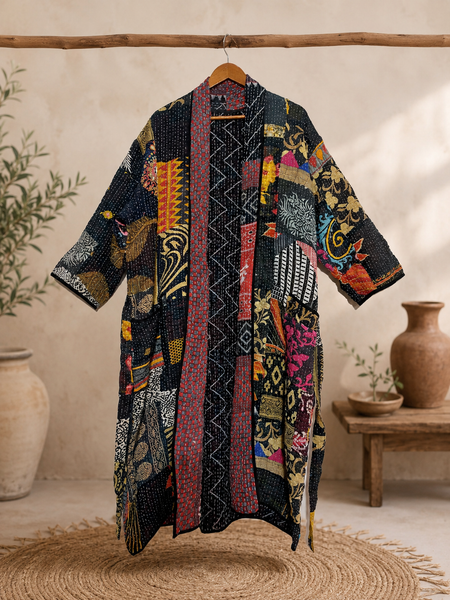Vintage Kantha Black Patchwork Handmade Cotton Kimono Robe One Size 1 Pcs