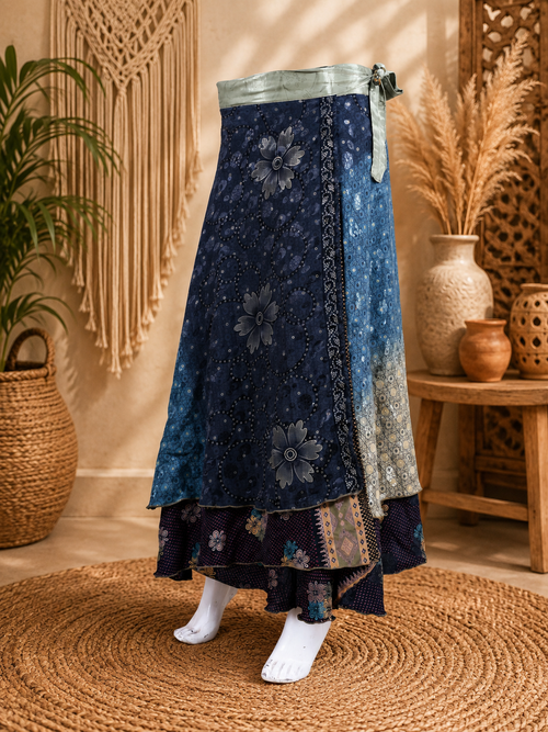 Vintage Blue Floral Wrap Skirt for Women | Handmade Upcycled Sari Maxi Skirt | Adjustable Tie Waist Boho Skirt | Festival Beach Skirt | Sustainable Clothing