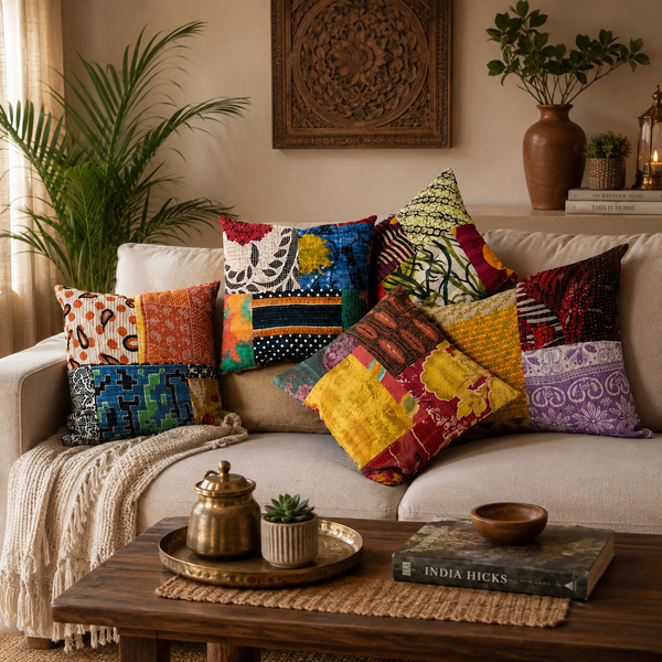 Handmade Patchwork Cushion Cover, Cotton Kantha Pillow Cover, Boho Throw Pillow Cover, Vintage Decorative Cushion Cover, Farmhouse Sofa Cushion