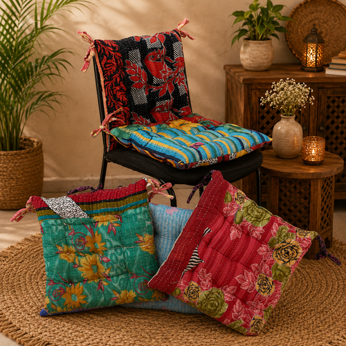 Handmade Kantha Chair Cushion, Cotton Floor Cushion, Quilted Seat Pad, Floral Chair Pad, Boho Cushion, Tie-On Chair Cushion, Dining Chair Cushion