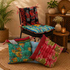Handmade Kantha Chair Cushion, Cotton Floor Cushion, Quilted Seat Pad, Floral Chair Pad, Boho Cushion, Tie-On Chair Cushion, Dining Chair Cushion