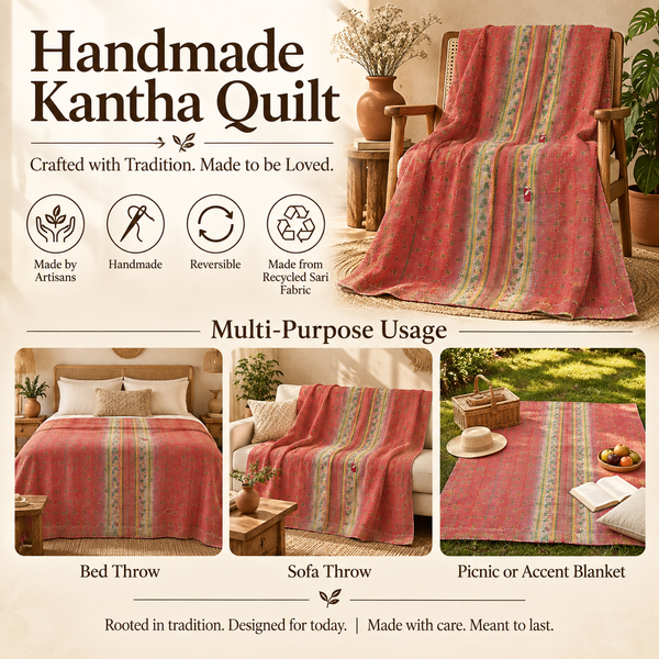 Coral Red Vintage Kantha Quilt Handmade Reversible Cotton Blanket with Multicolor Stripes – 65x95 Inches