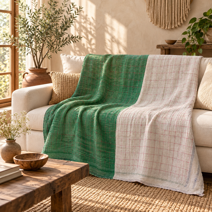Emerald Green & White Vintage Kantha Quilt Handmade Heavy Cotton Reversible Blanket – 65x85 Inches