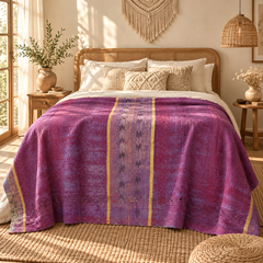 Purple Magenta Vintage Kantha Quilt Handmade Reversible Cotton Throw Blanket – 60x90 Inches