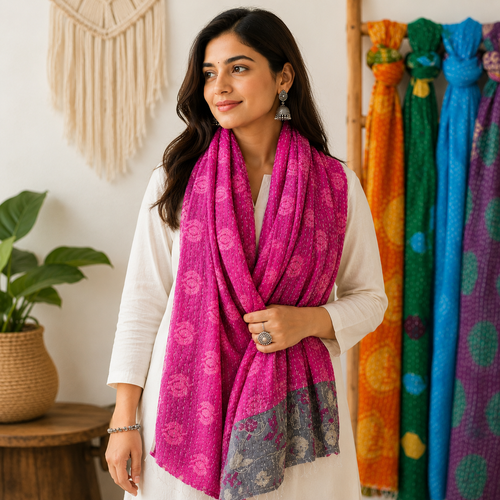 Handmade Cotton Kantha Scarf – Lightweight Vintage Cotton Scarf | Soft Boho Wrap | Reversible Indian Stole | Sustainable Women's Fashion