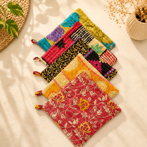 Vintage Kantha Pot Holders Set of 5, Handmade Quilted Hot Pads, Recycled Sari Trivets, Colorful Indian Patchwork Kitchen Decor