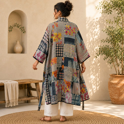 Gray Patchwork Bath Robe | Vintage Kantha Cotton Kimono | Cotton Robe Night Wear Suit | Long Robe