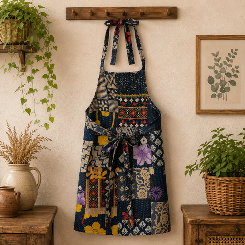 Vintage Kantha Patchwork Apron 1 Pc, Handmade Cotton Boho Cooking Apron, Recycled Sari Kitchen Apron, Indian Quilted Workwear Gift