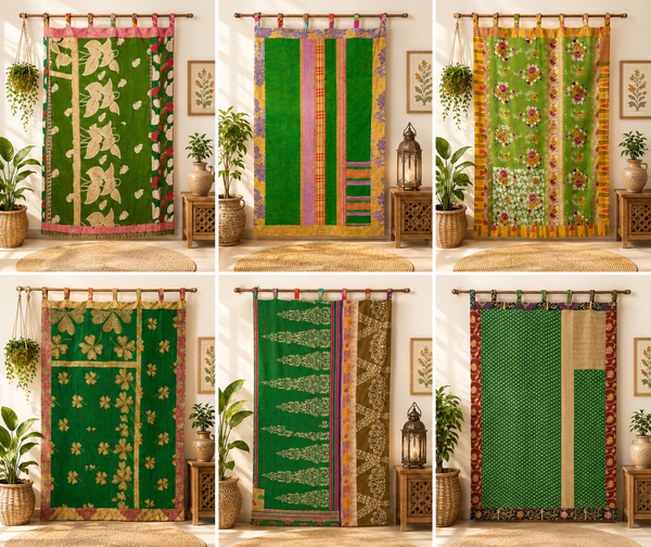 Green Kantha Patchwork Curtain, Vintage Recycled Sari Door Curtain, Handmade Boho Window Panel, Indian Cotton Tapestry, Assorted Decor