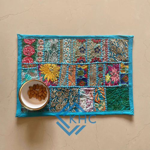 Handmade Embroidered Patchwork Placemat – Vintage Textile Table Mat, Boho Dining Decor