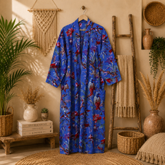 Women's Cotton Blue Floral Bird Print Long Kimono Robe | Boho Lightweight Open Front Cardigan with Pockets
