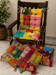 Boho Chic Kantha Chair Patchwork Cushion Handmade Indian Chair Pad Set Of 4 Pcs