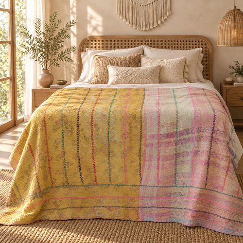Mustard Yellow & Pink Vintage Kantha Quilt Handmade Reversible Cotton Throw Blanket – 65x90 Inches