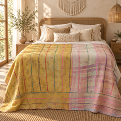 Mustard Yellow & Pink Vintage Kantha Quilt Handmade Reversible Cotton Throw Blanket – 65x90 Inches