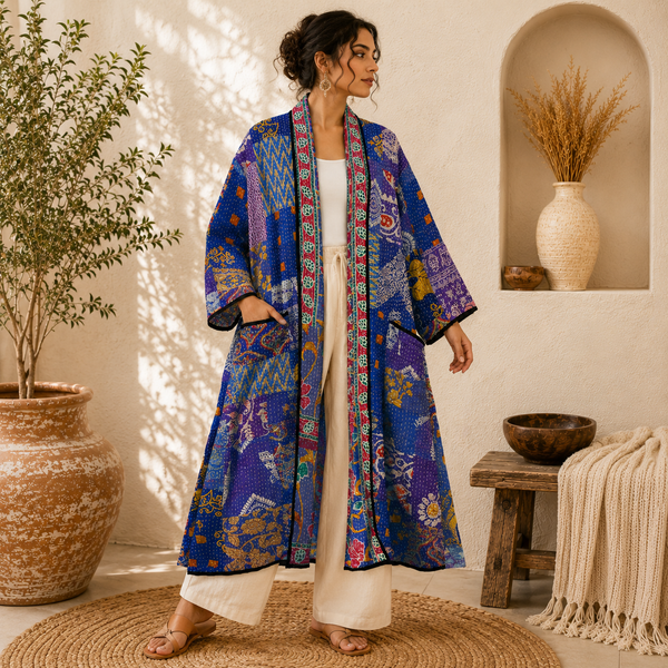 Vintage Kantha Blue Patchwork Handmade Cotton Kimono Robe One Size 1 Pcs