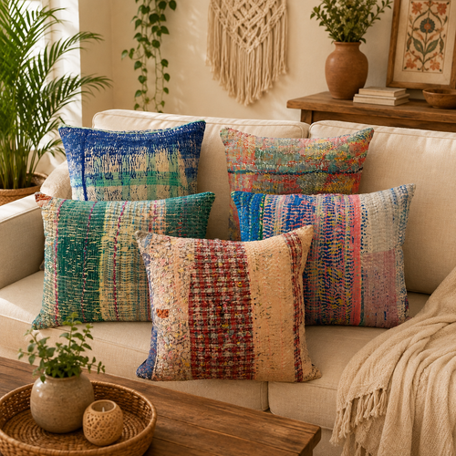 Set Of 5 Pcs Indian Bohemian Kantha Cushion Cover Handmade Antique Throw Pillow