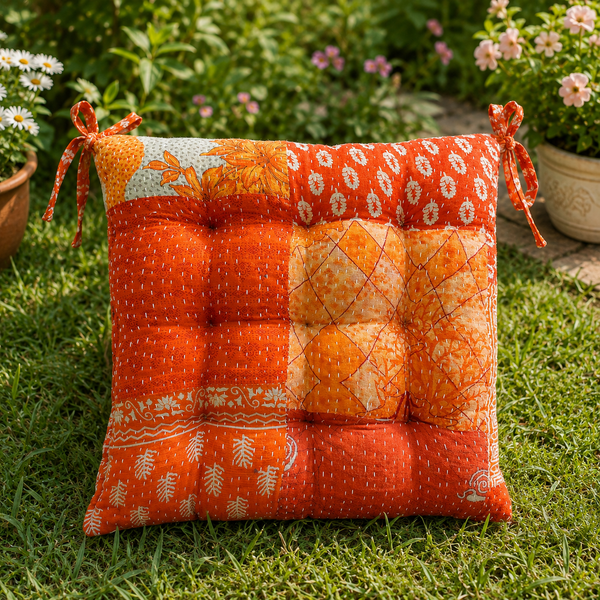 Orange patchwork Kantha Chair Pad, Handmade Cotton Chair Pad with Ties, Quilted Dining Chair Pad, Boho Chair Pad, Kitchen Chair Pad, Farmhouse Seat Pad