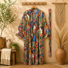 Peach Tropical Cotton Kimono Cardigan for Women | Long Boho Open Front Robe with Pockets