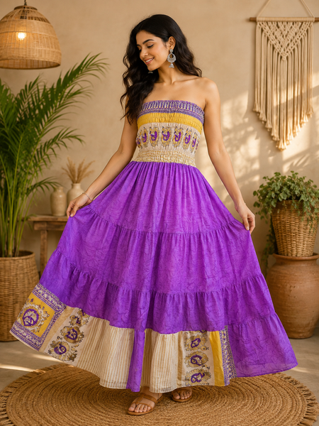 Vintage Strapless Smocked Maxi Dress for Women | Handmade Cotton Boho Summer Beach Dress