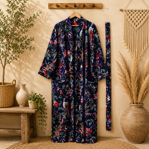 Navy Floral Cotton Kimono Cardigan for Women | Long Boho Open Front Robe with Pockets