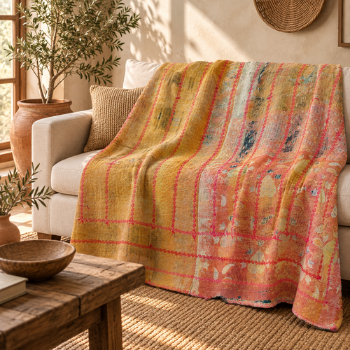 Mustard Yellow Vintage Kantha Quilt Handmade Reversible Cotton Throw Blanket – 75x100 Inches
