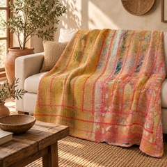 Mustard Yellow Vintage Kantha Quilt Handmade Reversible Cotton Throw Blanket – 75x100 Inches