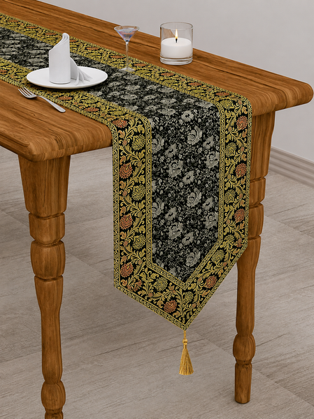 Luxury Gold Brocade Black Table Runner Embroidered Silk Fabric