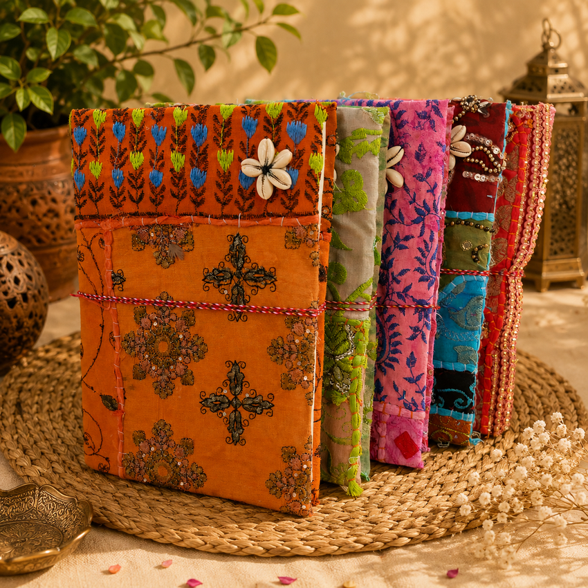 Vintage Embroidered Patchwork Journal, Handmade Recycled Fabric Notebook 5 Pcs, Boho Indian Diary, Artisan Writing Journal, Unique Gift