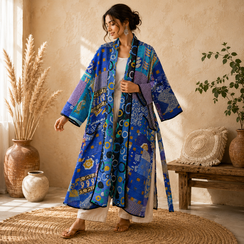 Patchwork Bath Robe | Vintage Kantha Cotton Kimono | Cotton Robe | Night Wear Suit | Long Cotton Robe (13 Colour Option Available)