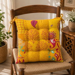 yellow patchwork Kantha Chair Pad, Handmade Cotton Chair Pad with Ties, Quilted Dining Chair Pad, Boho Chair Pad, Kitchen Chair Pad, Farmhouse Seat Pad