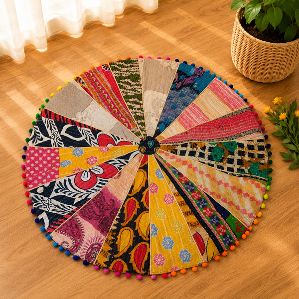 Round Kantha Patchwork Floor Mat – Handmade Vintage Cotton Boho Rug with Pom Pom Trim, Colorful Indian Meditation Mat & Nursery Decor